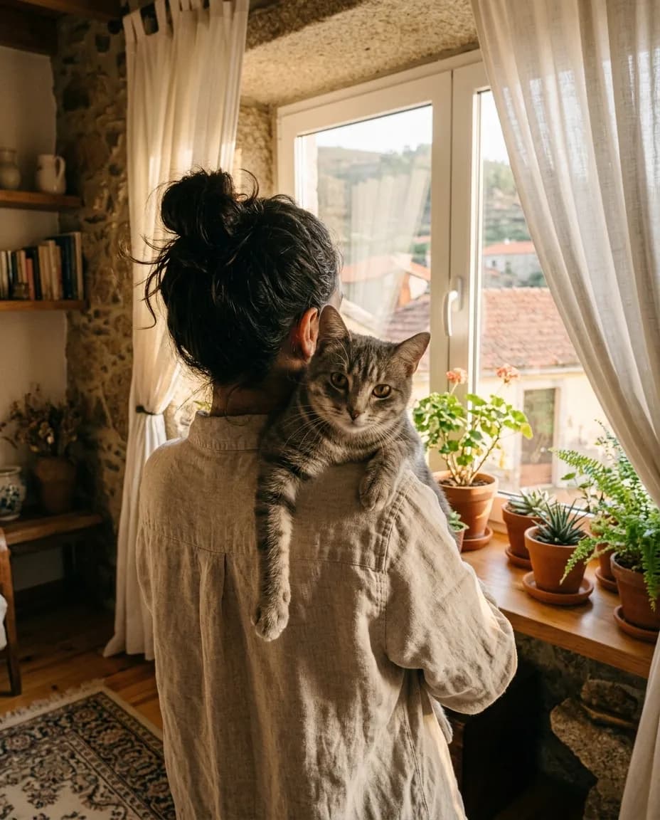 Uma mulher de costas com um gato cinzento ao ombro numa sala acolhedora