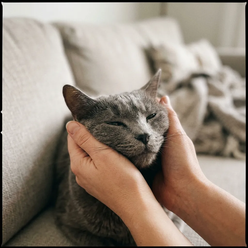 Mãos a segurar com cuidado a cara de um gato