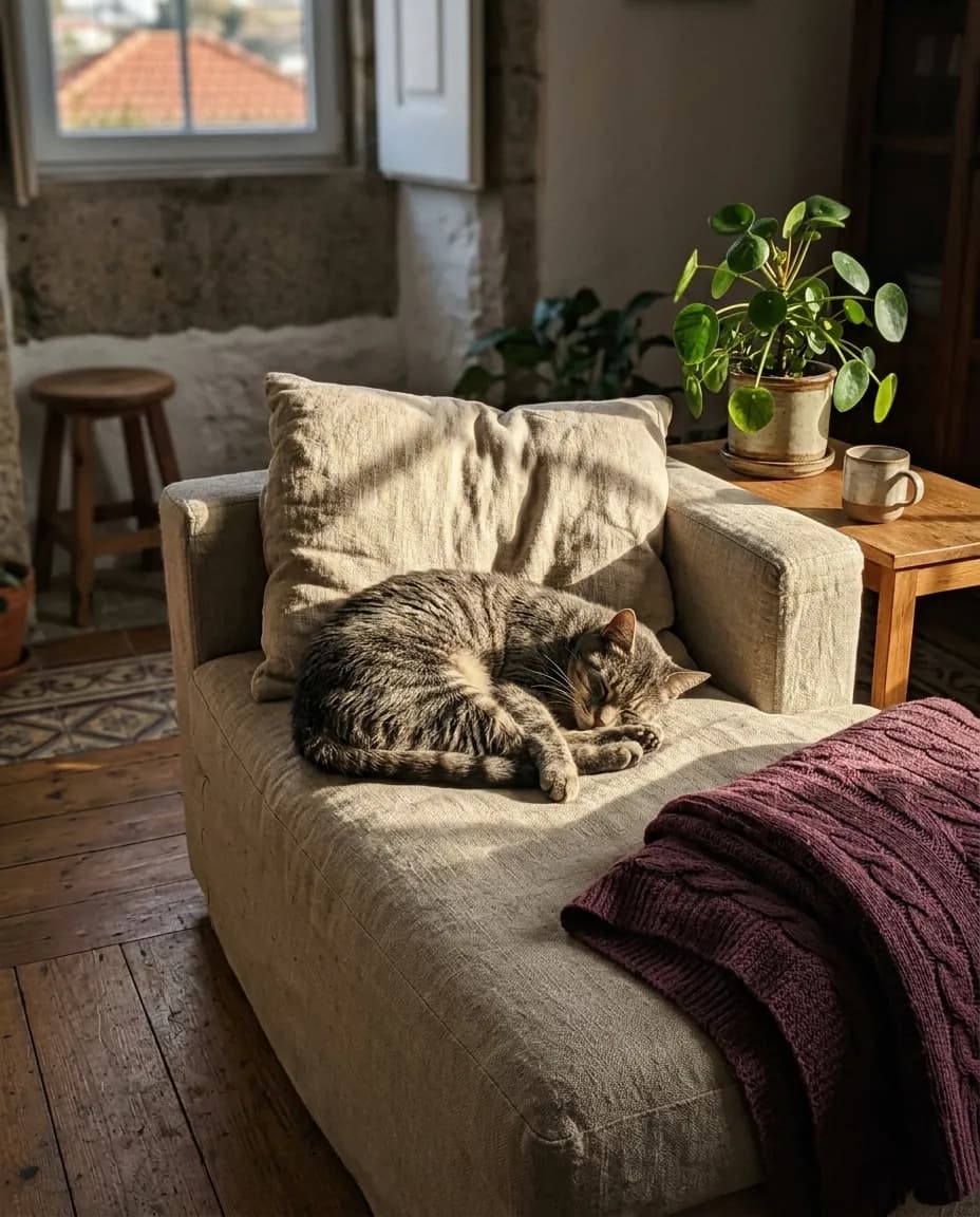 Um gato enroscado num sofá de linho ao fim da tarde