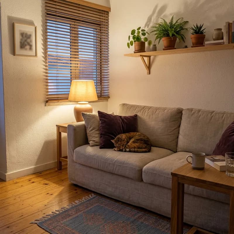 Uma sala arrumada com um gato a dormir no sofá