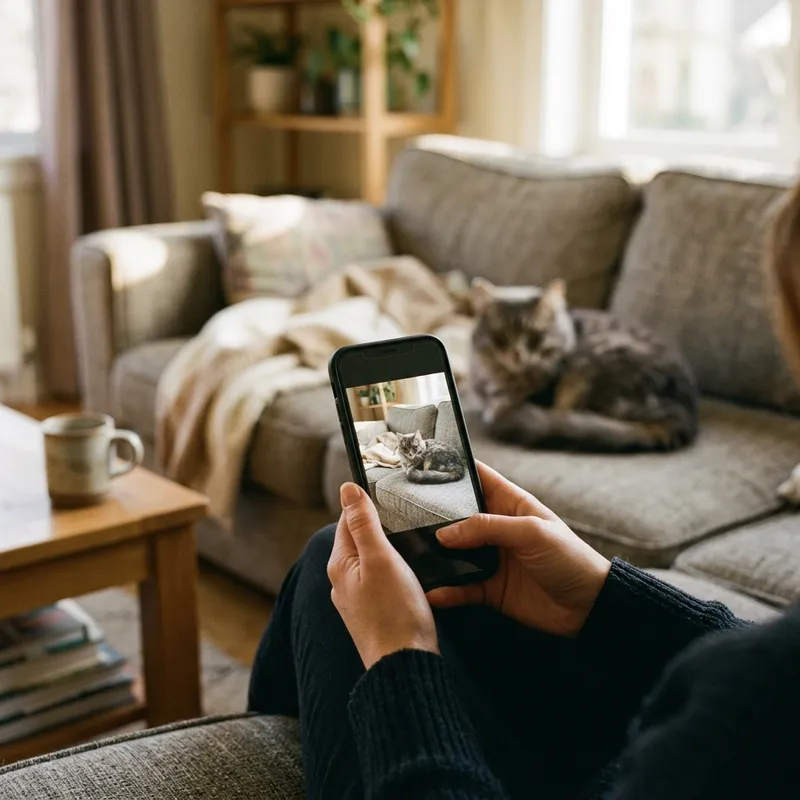 Um telemóvel a mostrar a foto de um gato, segurado numa sala