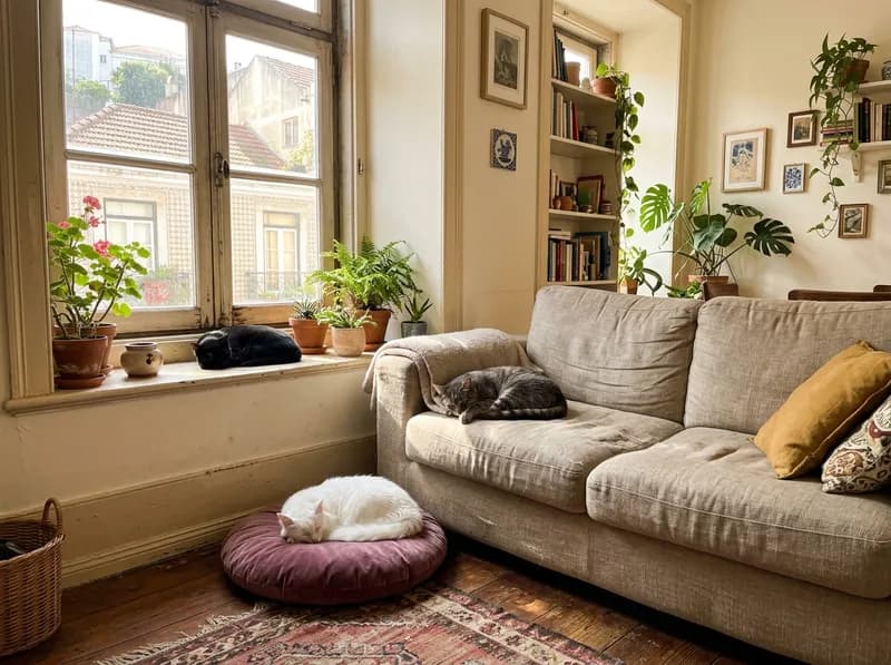 Um gato a dormir num parapeito soalheiro de um apartamento, com dois outros gatos por perto