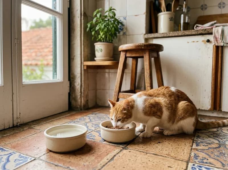 Um gato a comer da taça numa cozinha luminosa