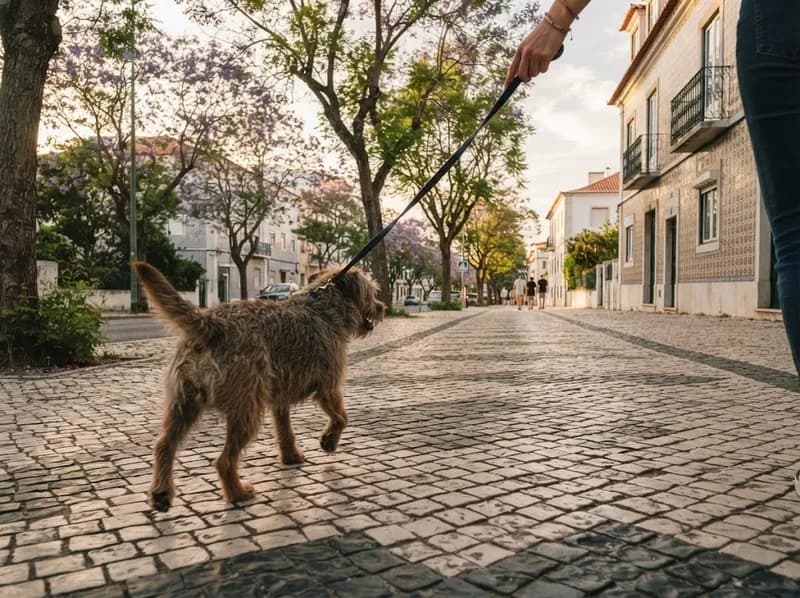 Um cão pequeno à trela num passeio arborizado em Carnaxide
